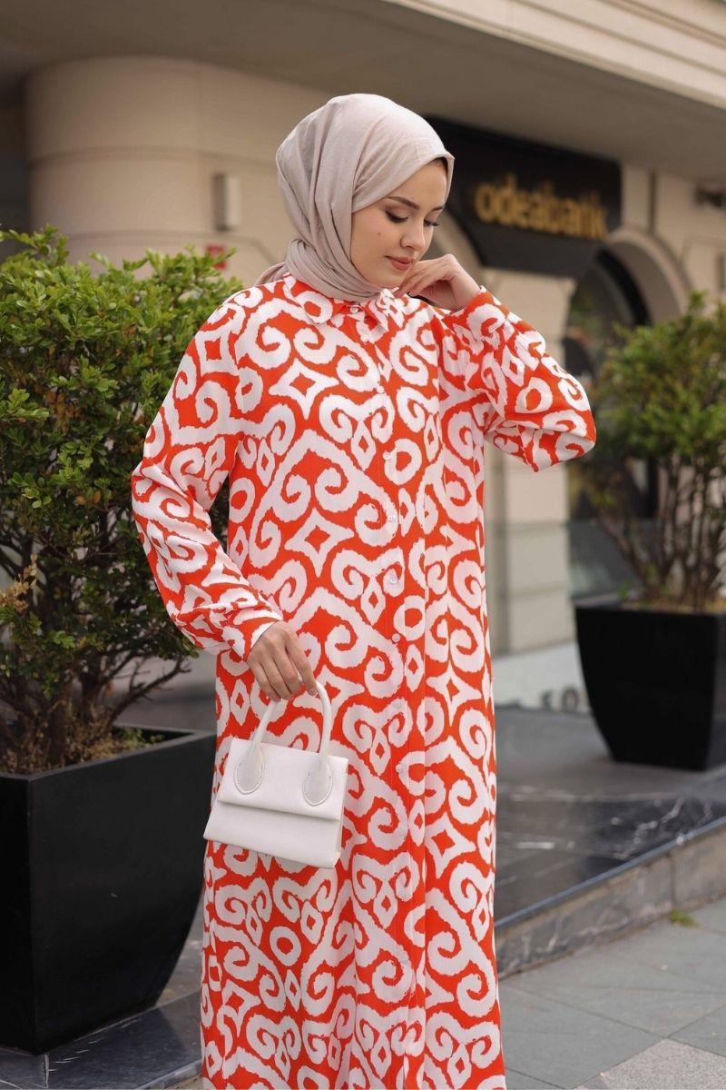Retro Uzun Pamuklu Tunik Turuncu