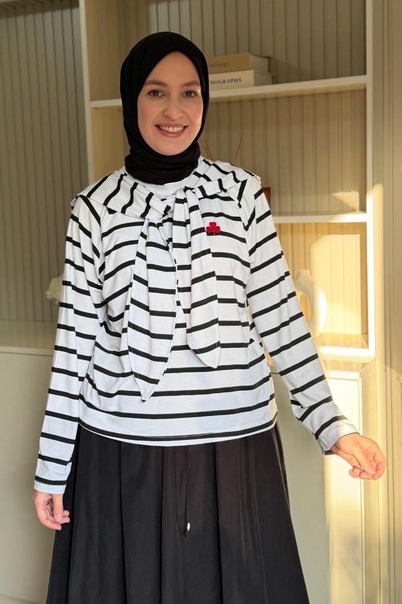Şal Detaylı Nakışlı Çizgili Sweat Beyaz