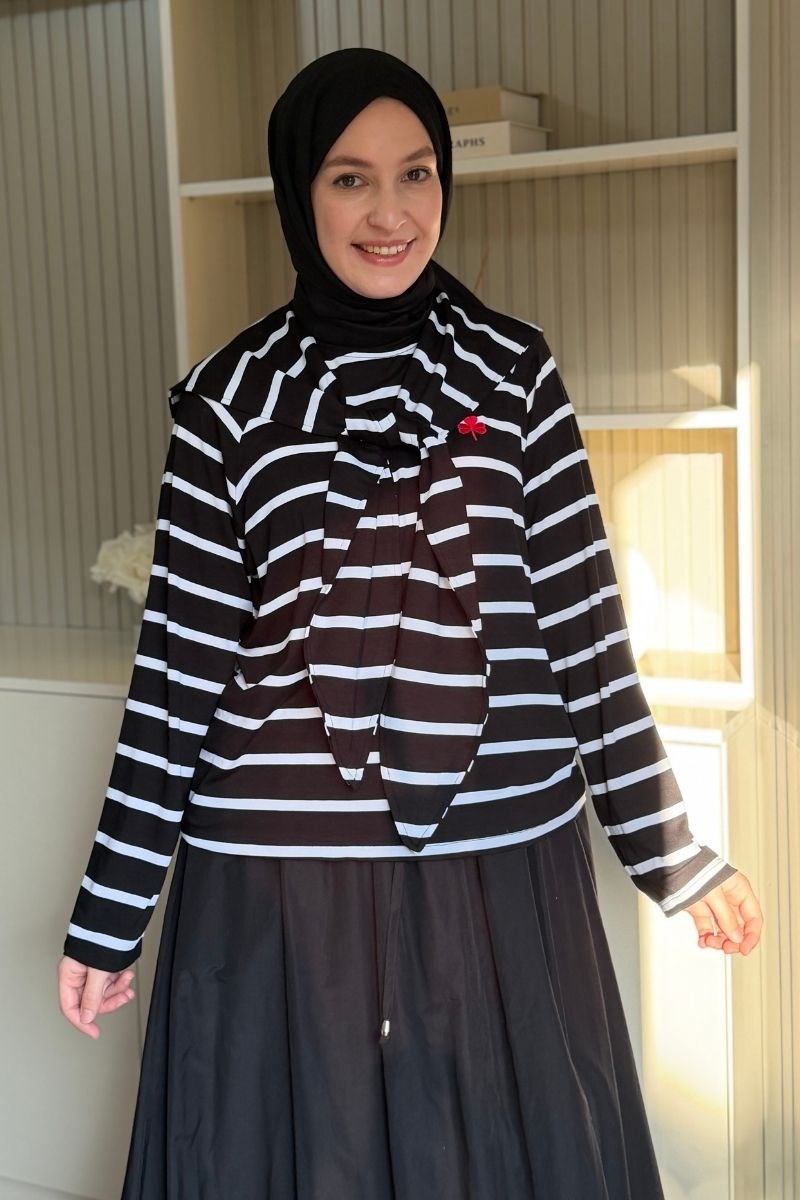 Şal Detaylı Nakışlı Çizgili Sweat Siyah