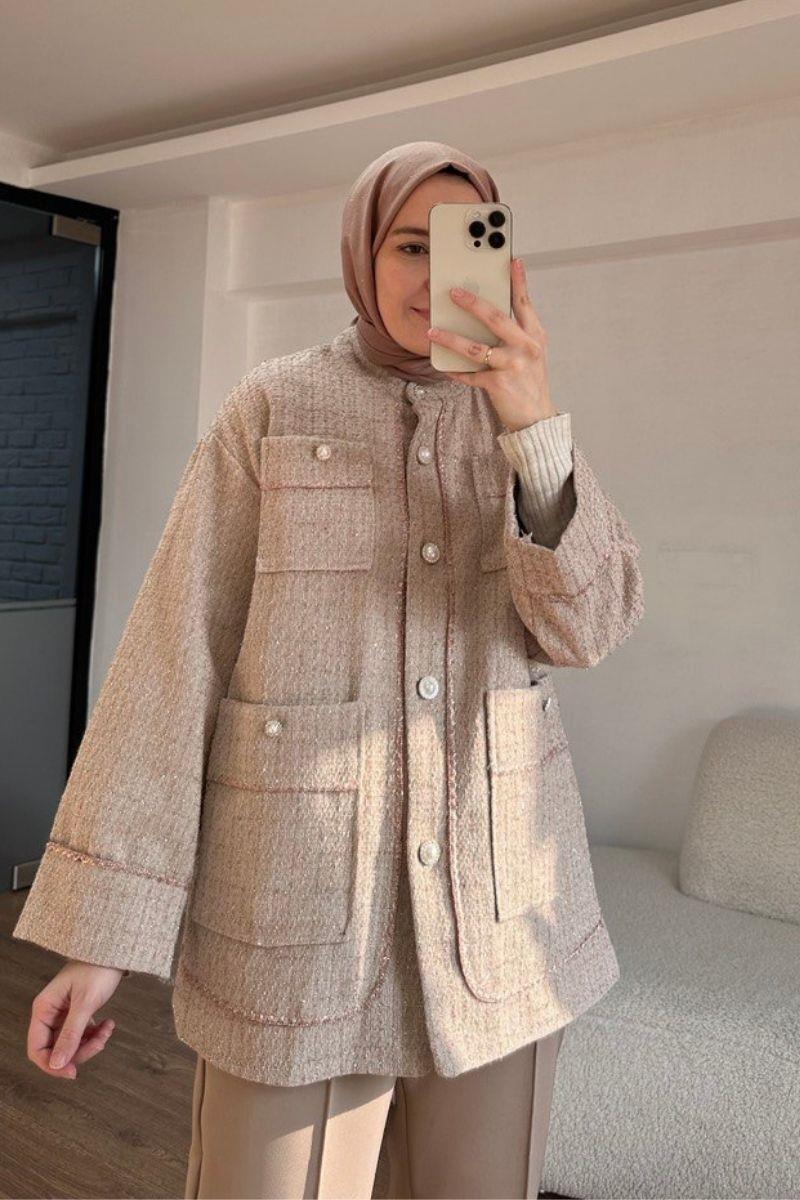 Simli Tüvit Ceket Krem