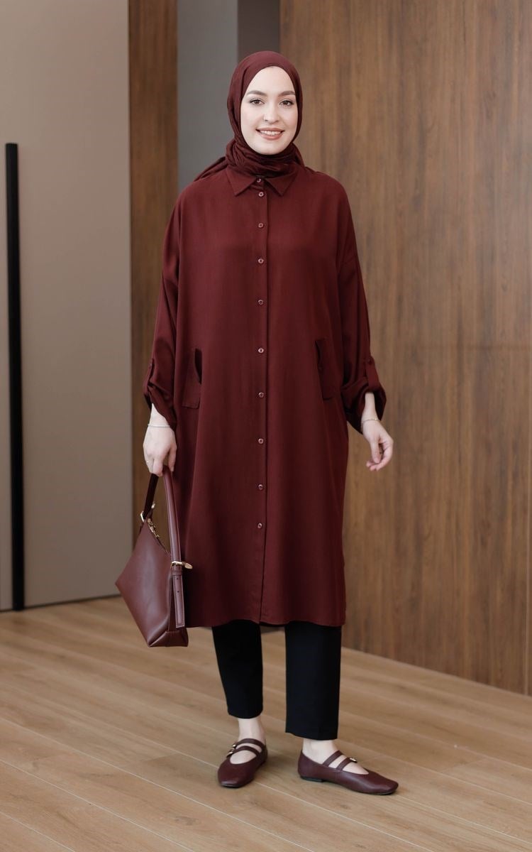 Süs Cepli Tensel Tunik Bordo