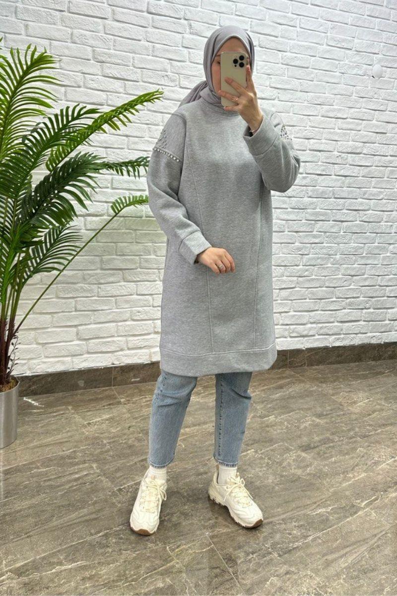 Taş Detaylı İçi Şardonlu Sweat Gri