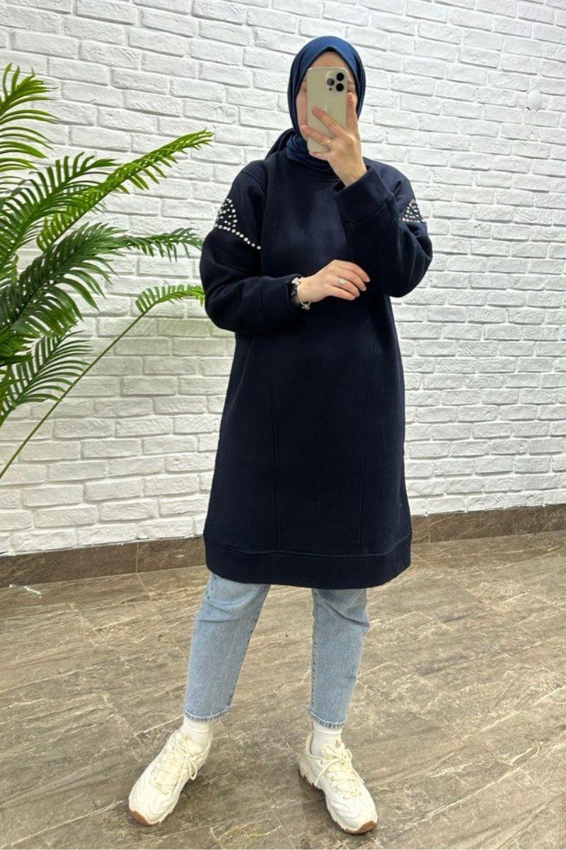 Taş Detaylı İçi Şardonlu Sweat Lacivert