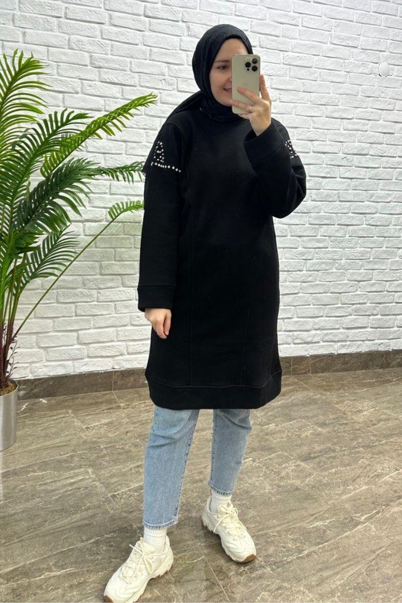 Taş Detaylı İçi Şardonlu Sweat Siyah