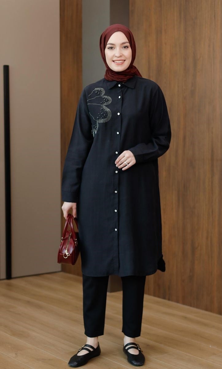 Taşlı Modal Uzun Tunik Siyah