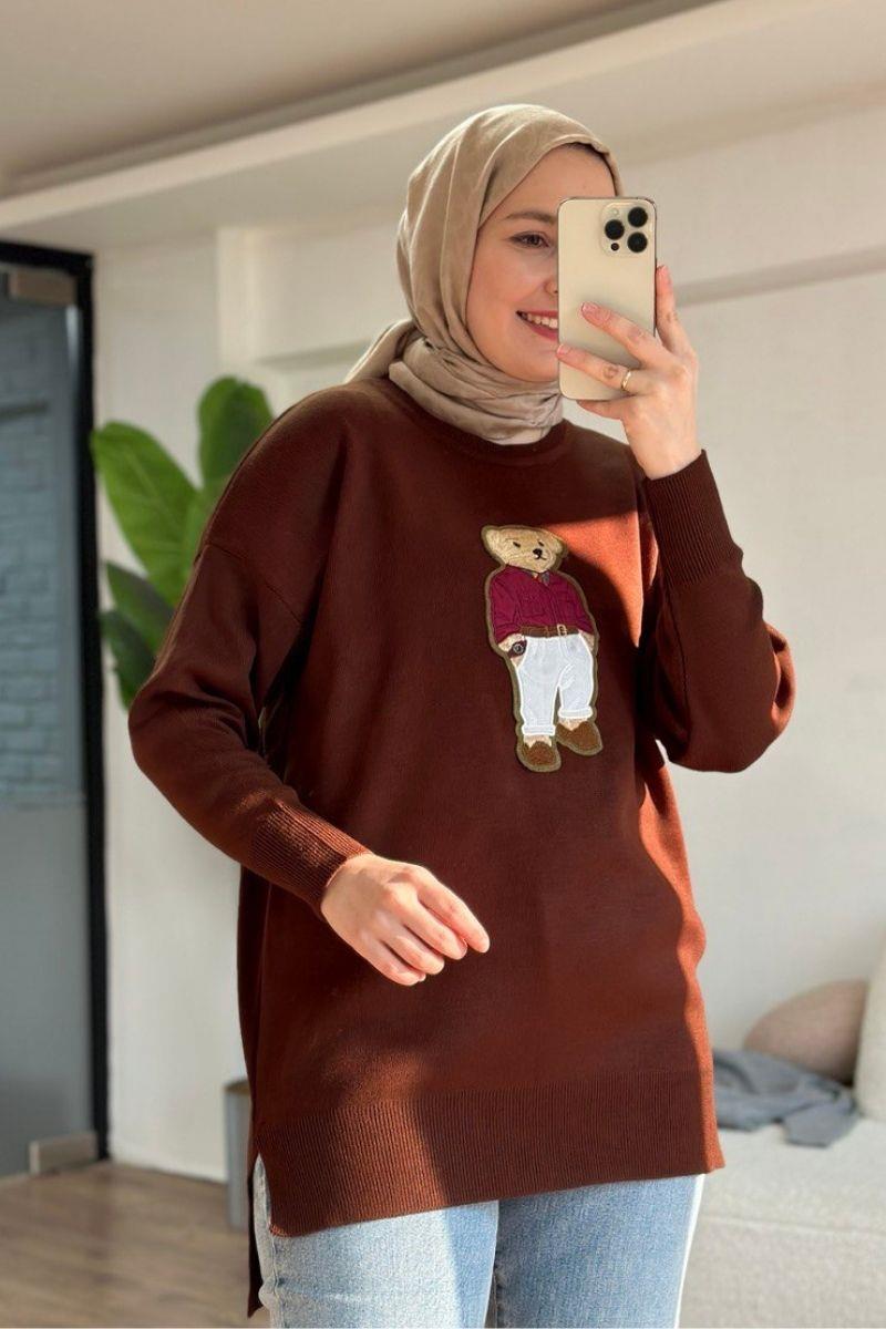 Teddy İşlemeli Kazak Kahve