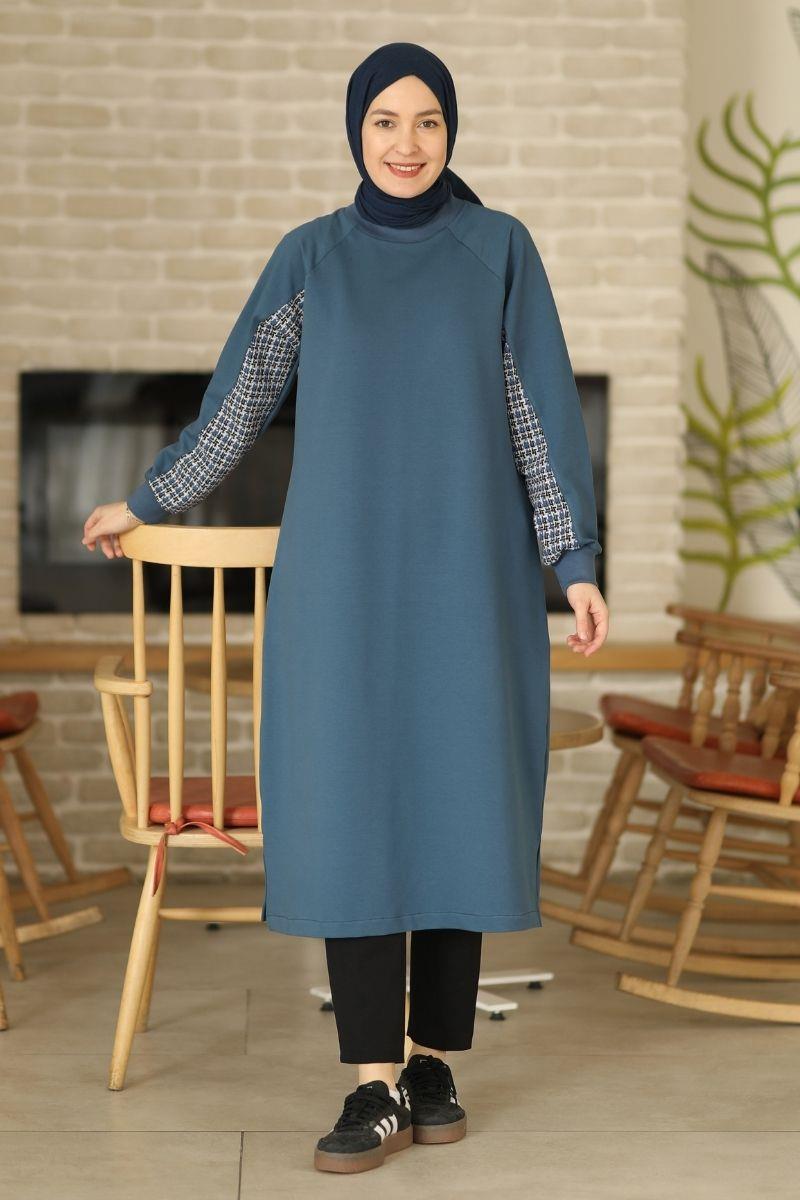 Tüvit Garnili Uzun Sweat İndigo