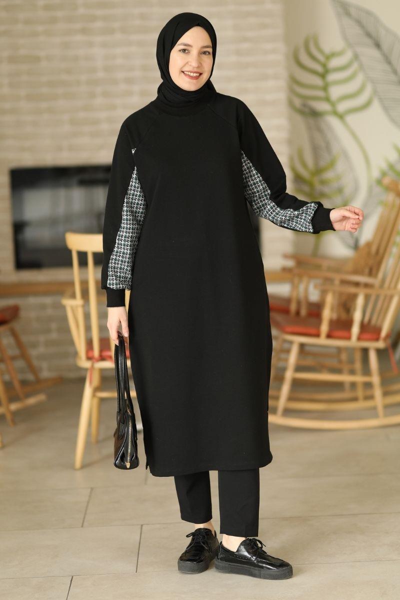 Tüvit Garnili Uzun Sweat Siyah