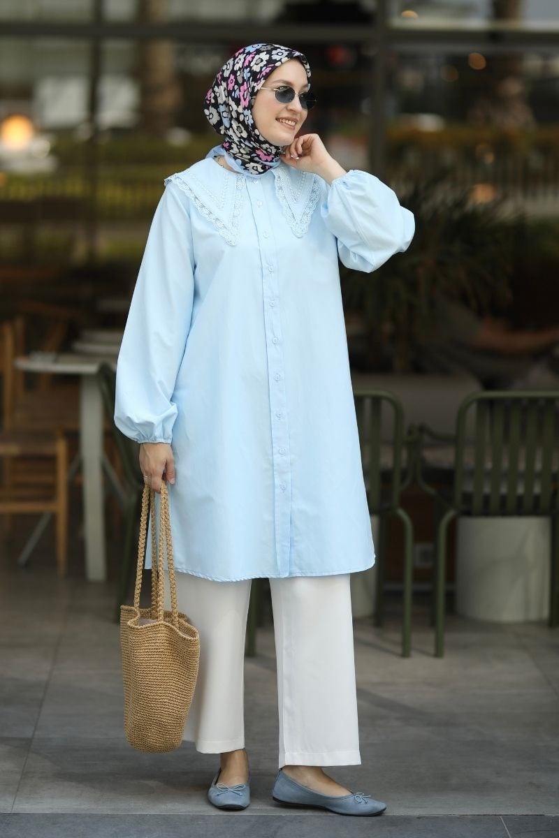 Yakası Dantelli Poplin Tunik Mavi