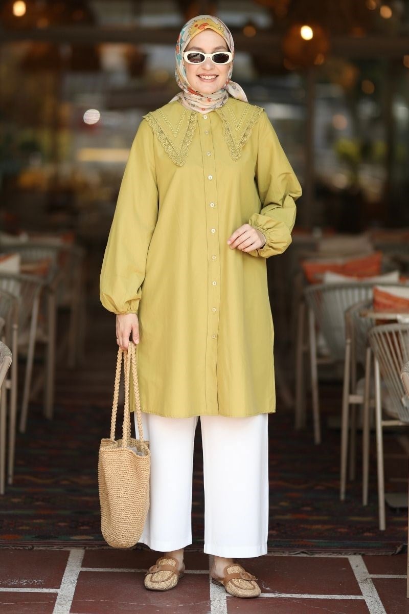 Yakası Dantelli Poplin Tunik Olive