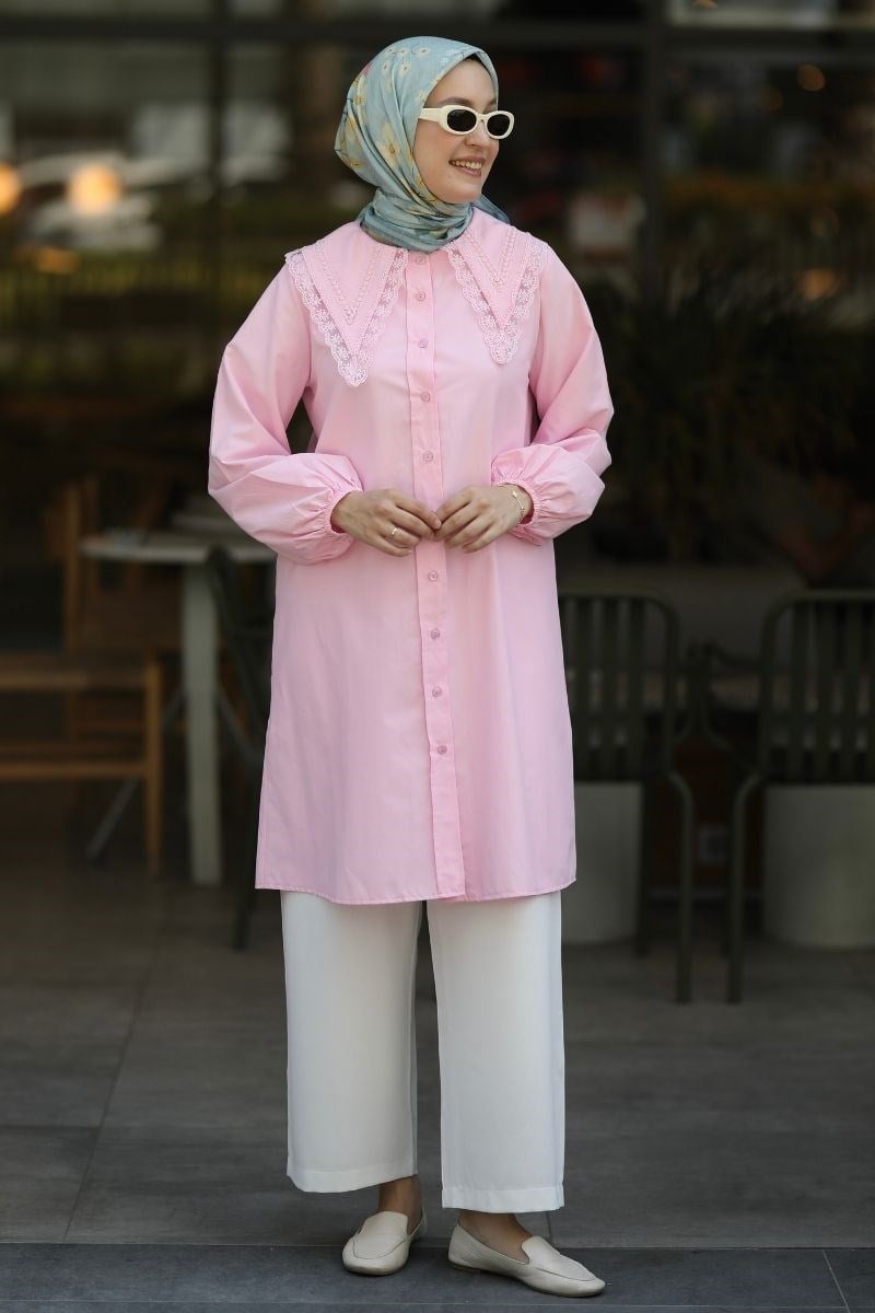 Yakası Dantelli Poplin Tunik Pembe
