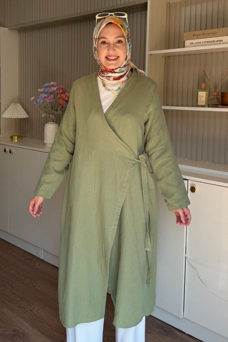 Yandan Bağlamalı Müslin Kimono Tunik Haki 