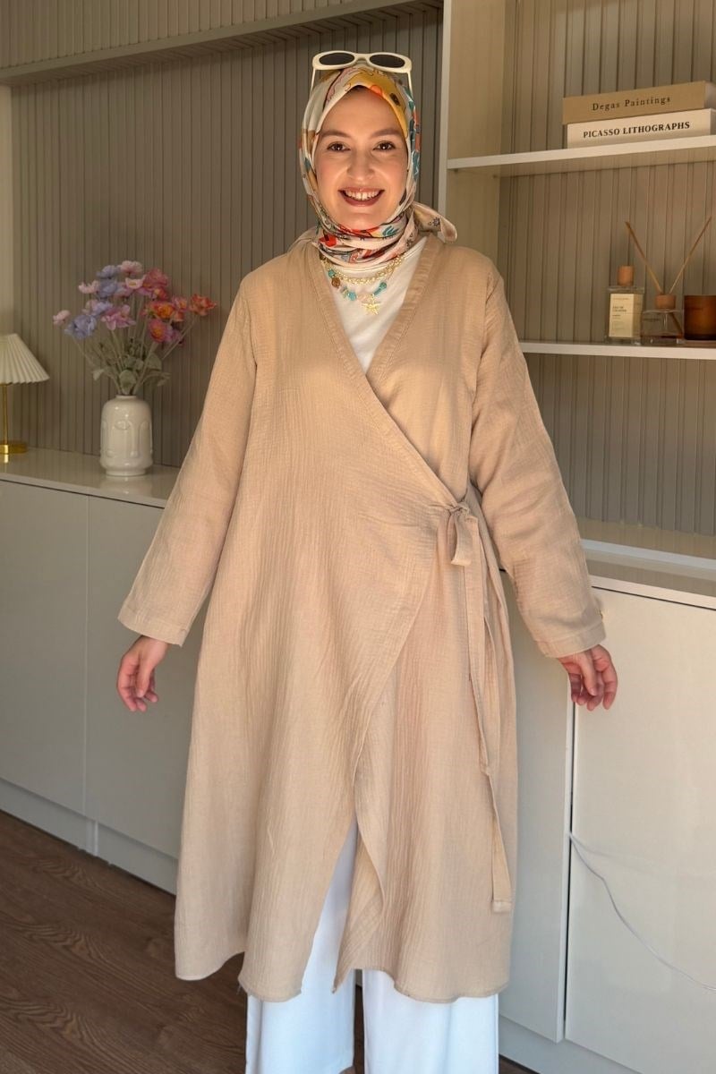 Yandan Bağlamalı Müslin Kimono Tunik Koyu Taş