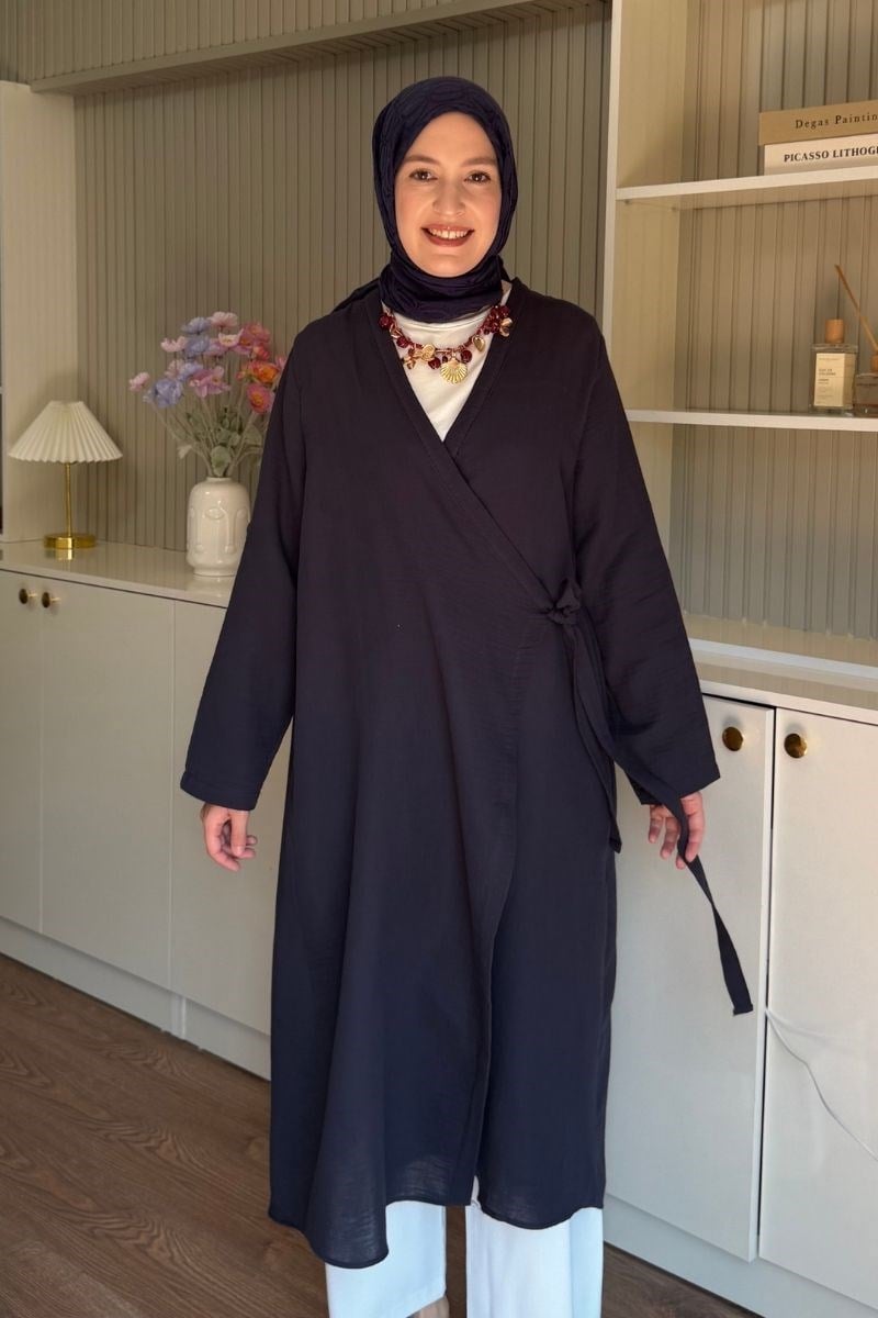 Yandan Bağlamalı Müslin Kimono Tunik Lacivert