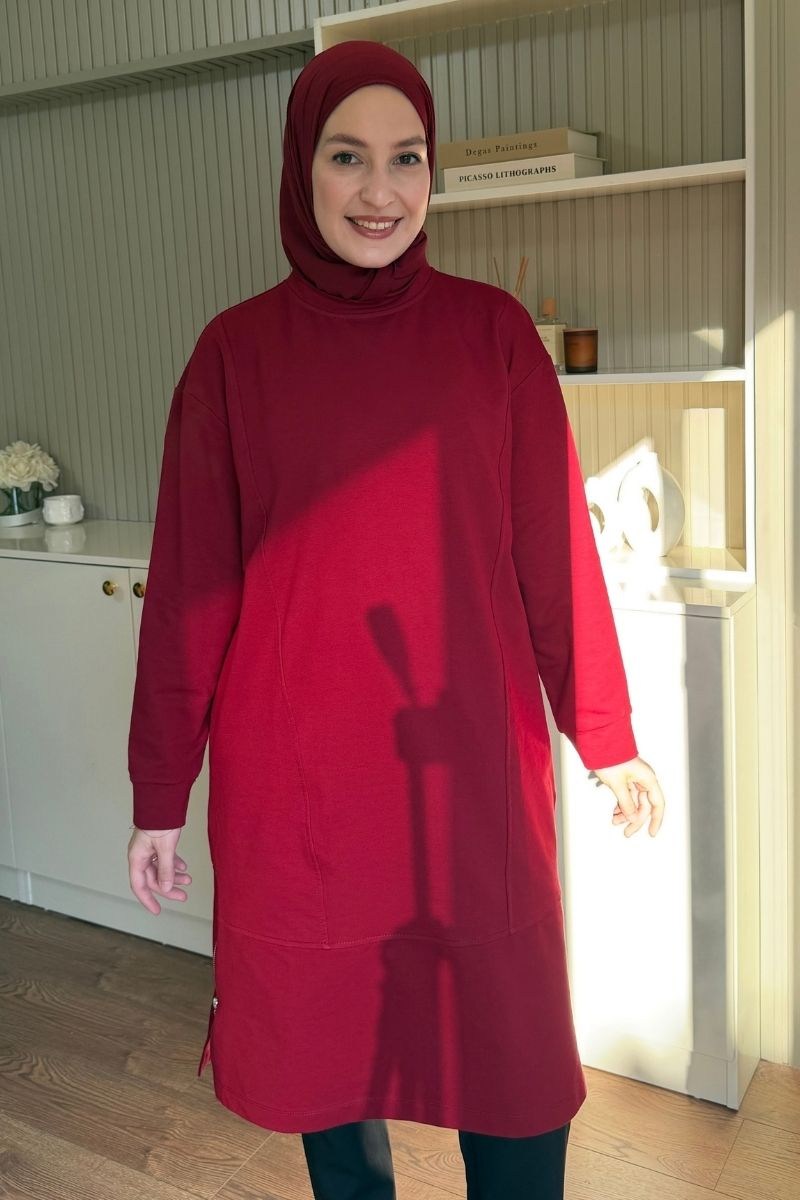 Yanları Fermuarlı Sweat Bordo
