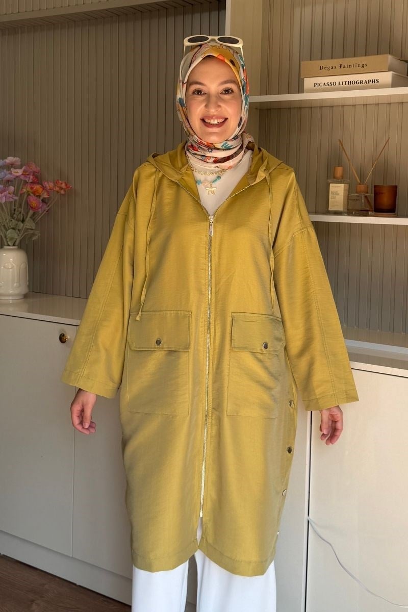 Yanları ve Cebi Çıtçıtlı Fermuarlı Tensel Kap Olive 