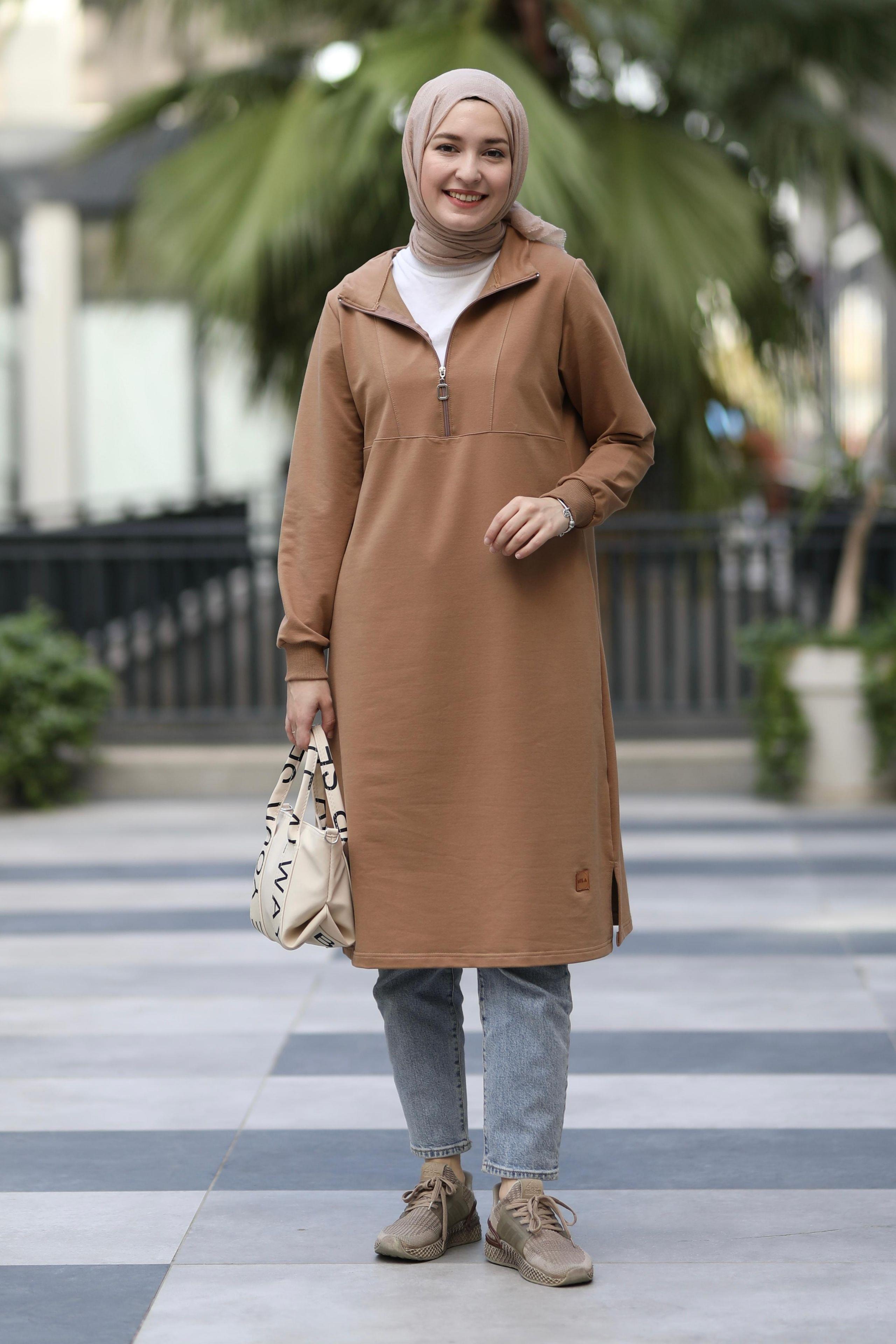 Yarım Fermuarlı Sweat Camel