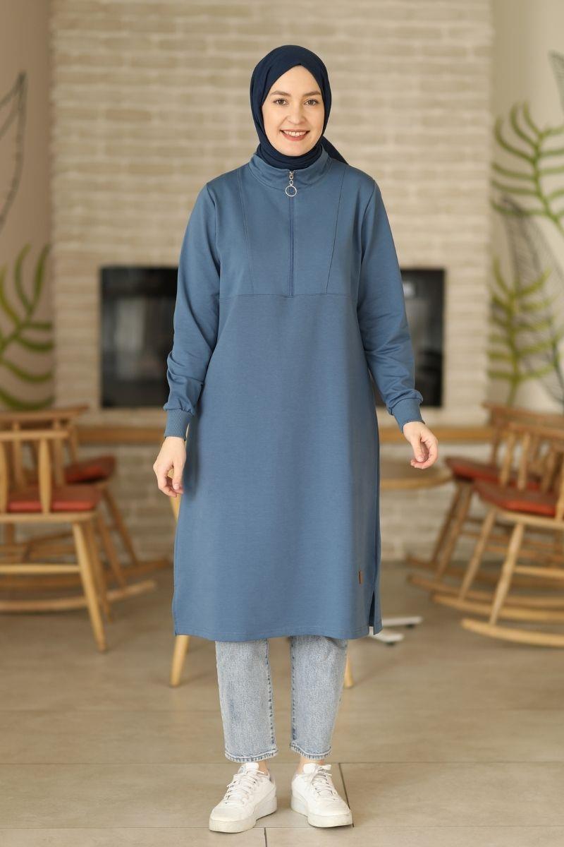 Yarım Fermuarlı Sweat İndigo