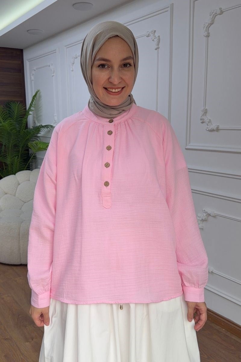 Yarım Patlı Müslin Gömlek Pembe
