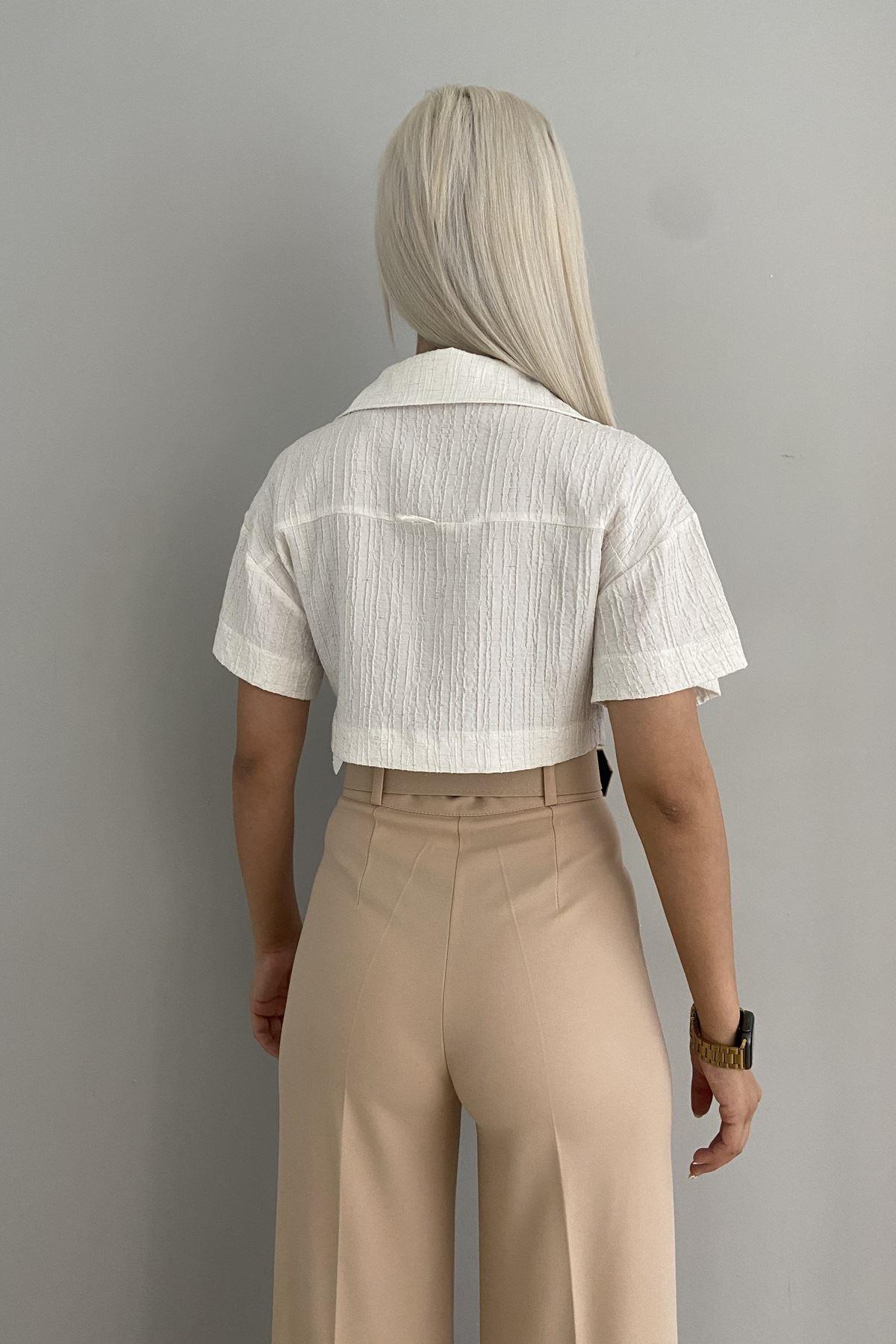 GÖMLEK YAKA CROP BLUZ