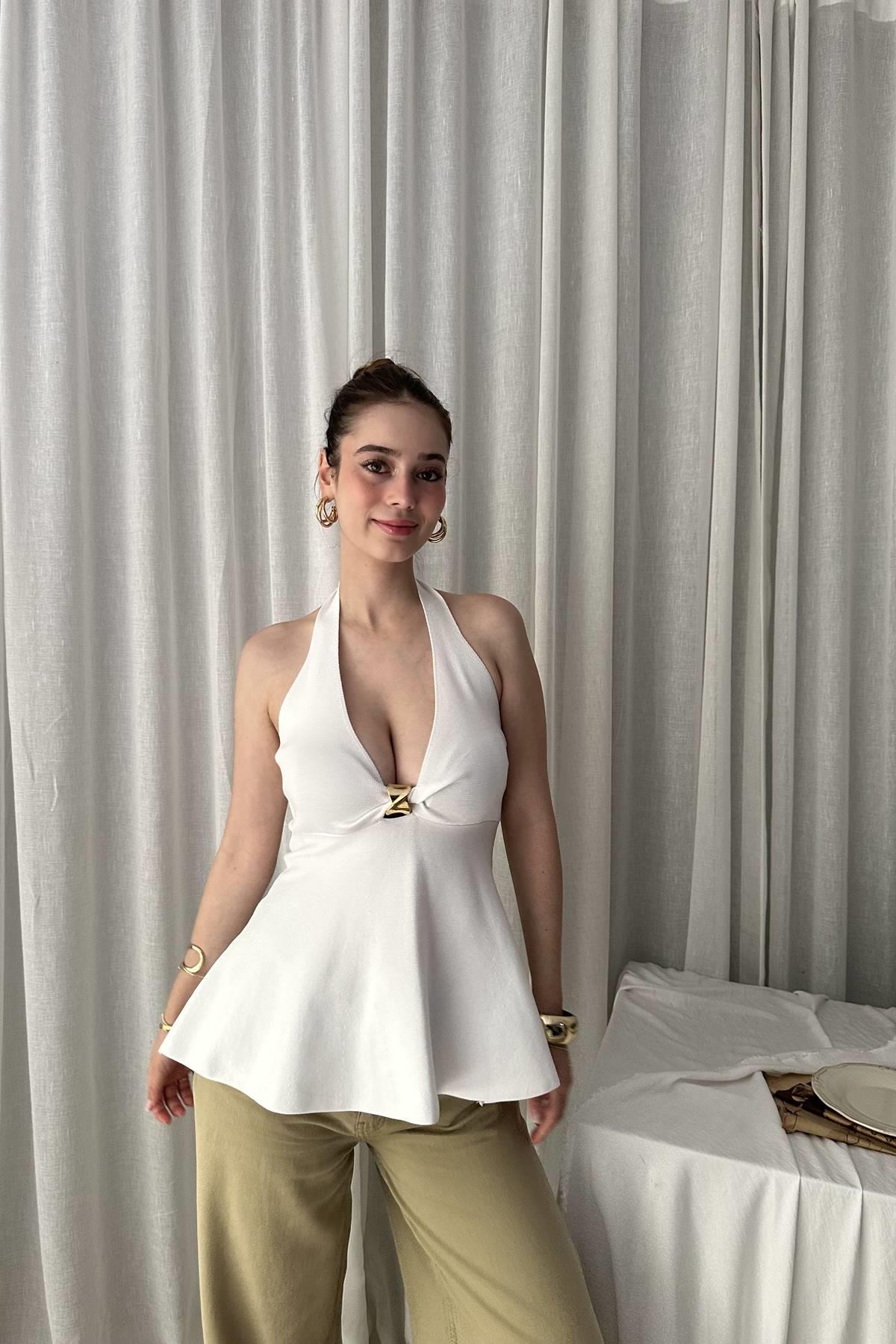 HALTER YAKA METAL DETAYLI PEPLUM TRIKO BLUZ