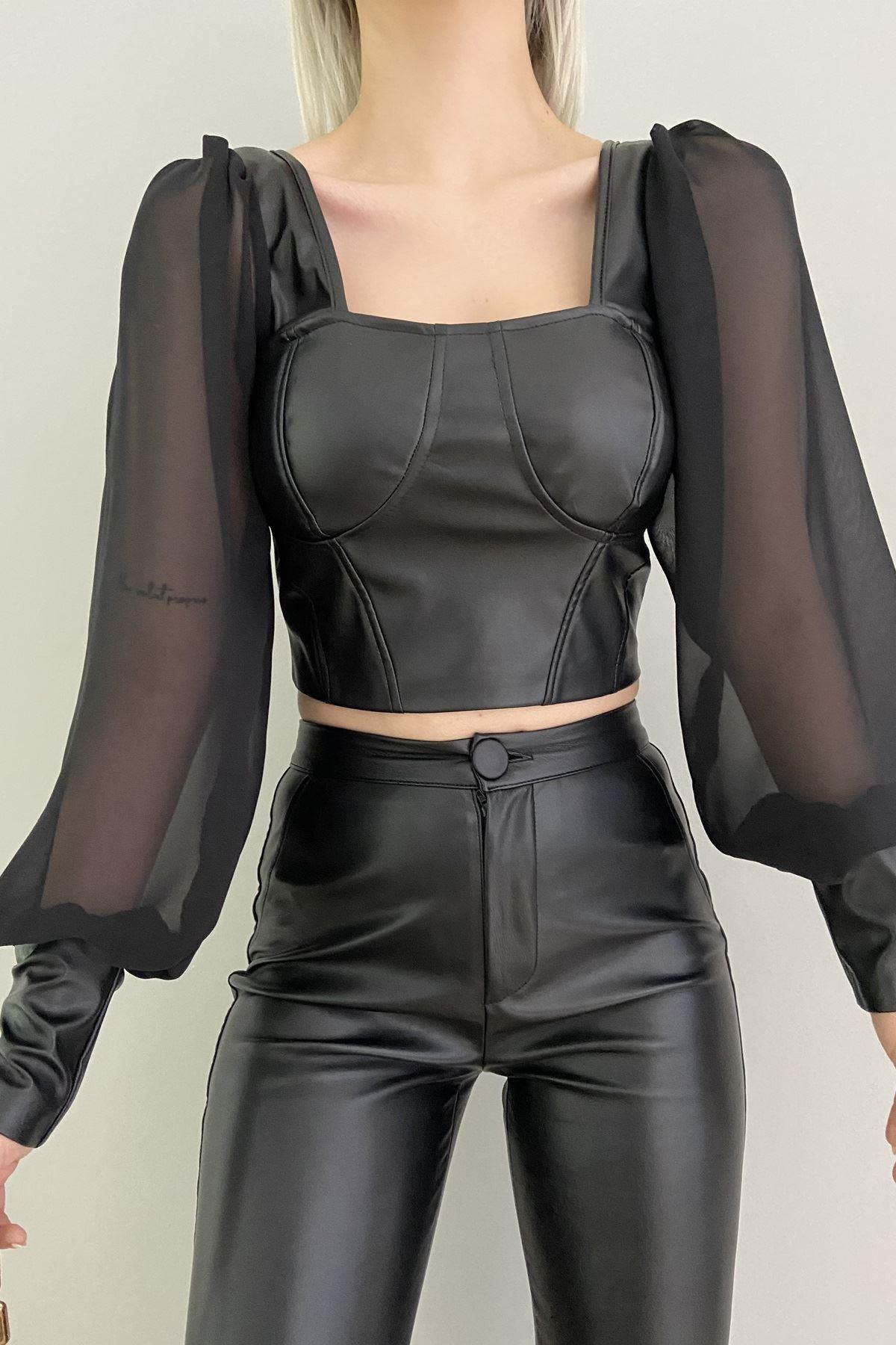 KOLU ŞİFON DERİ CROP BLUZ