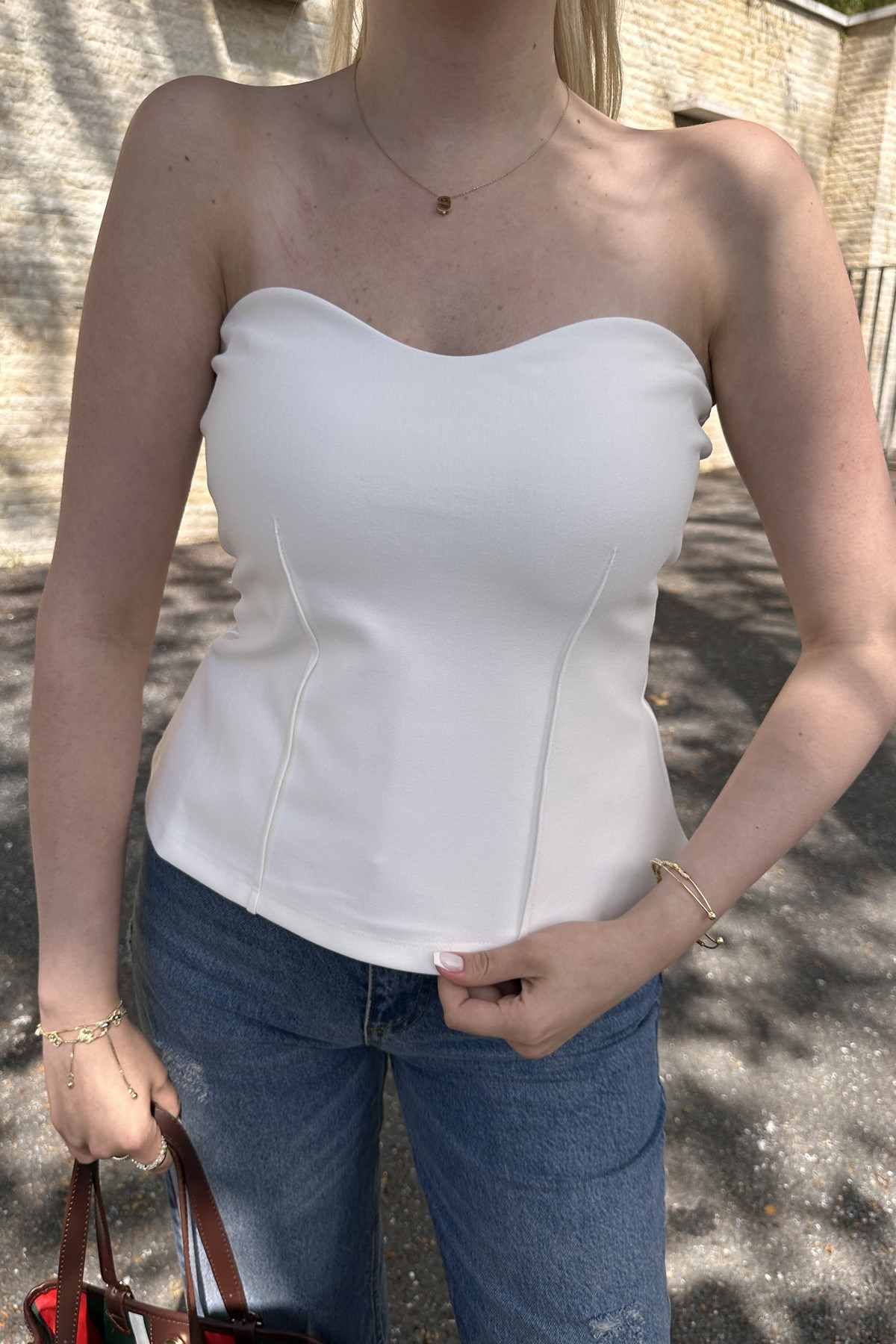ÖN PİLELİ ÖRME STRAPLEZ BLUZ