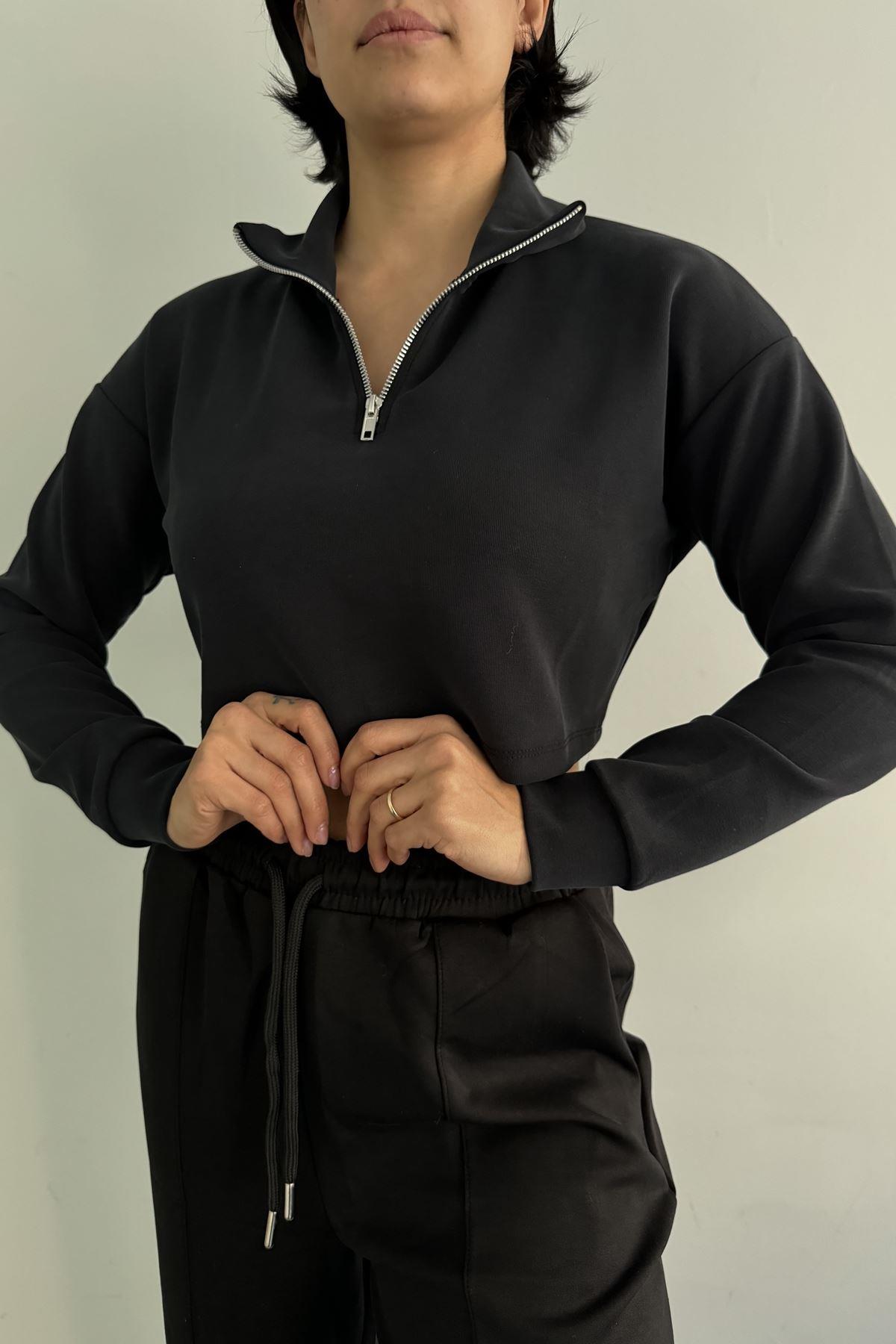 YARIM FERMUARLI DİK YAKA MODAL CROP