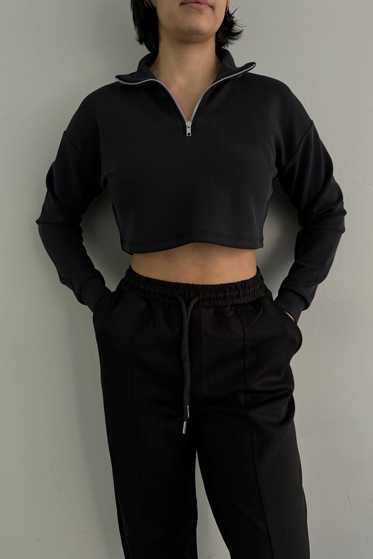 YARIM FERMUARLI DİK YAKA MODAL CROP