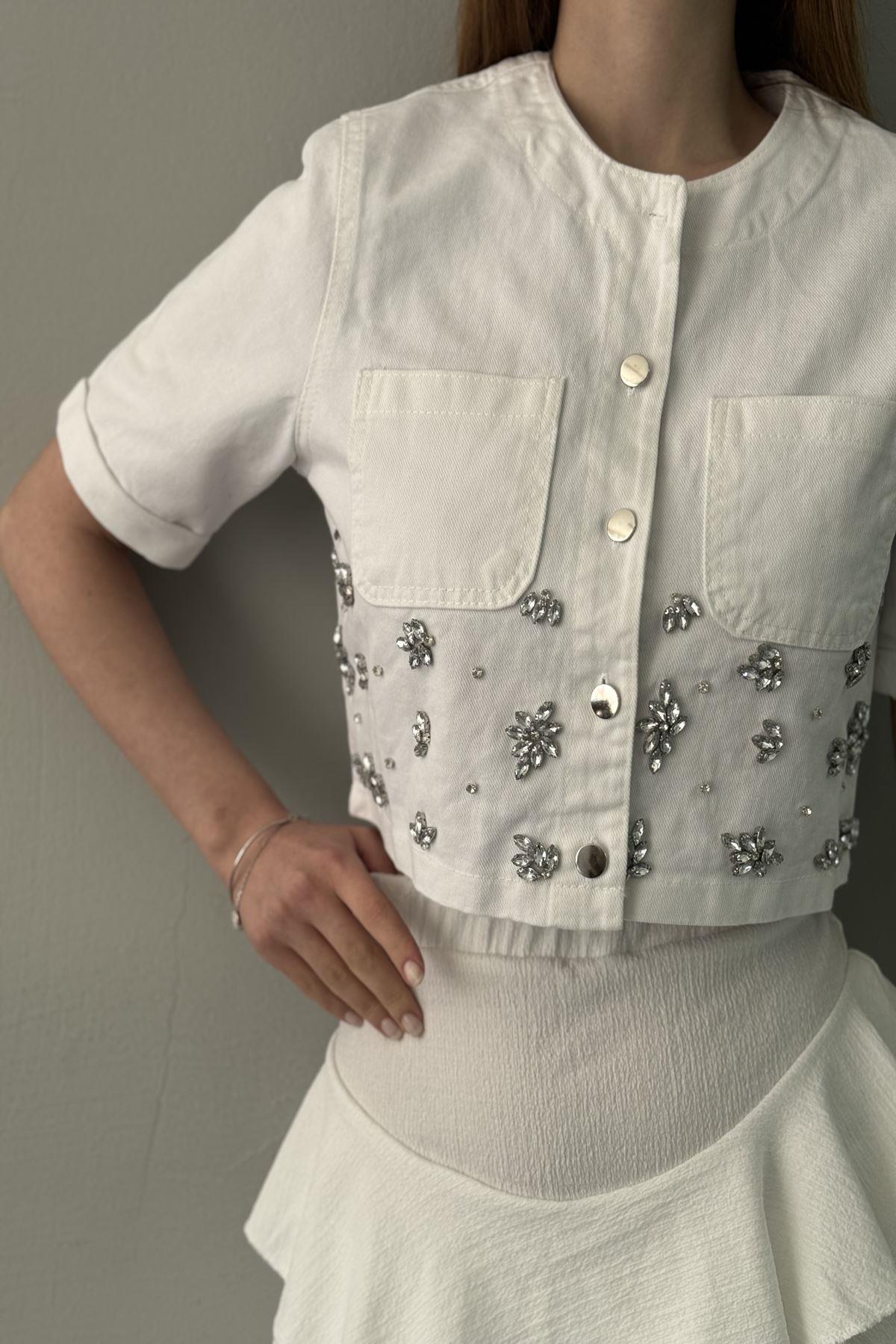TAŞ DETAYLI CROP CEKET