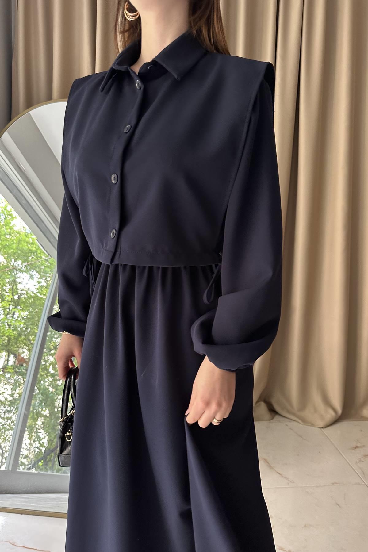 BEL BÜZGÜ DETAYLI YELEKLİ ELBİSE