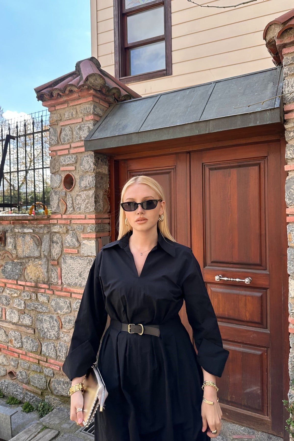 BEL LASTİKLİ KEMER DETAYLI GÖMLEK ELBİSE