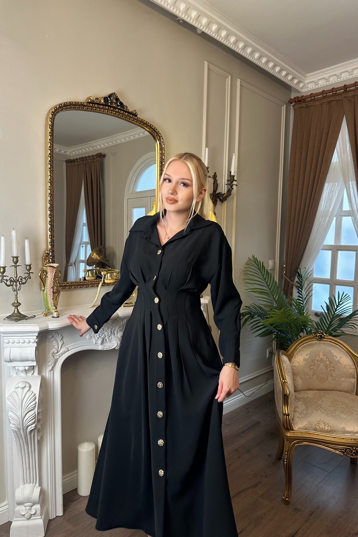 BEL SASON DETAYLI DÜĞMELİ ELBİSE