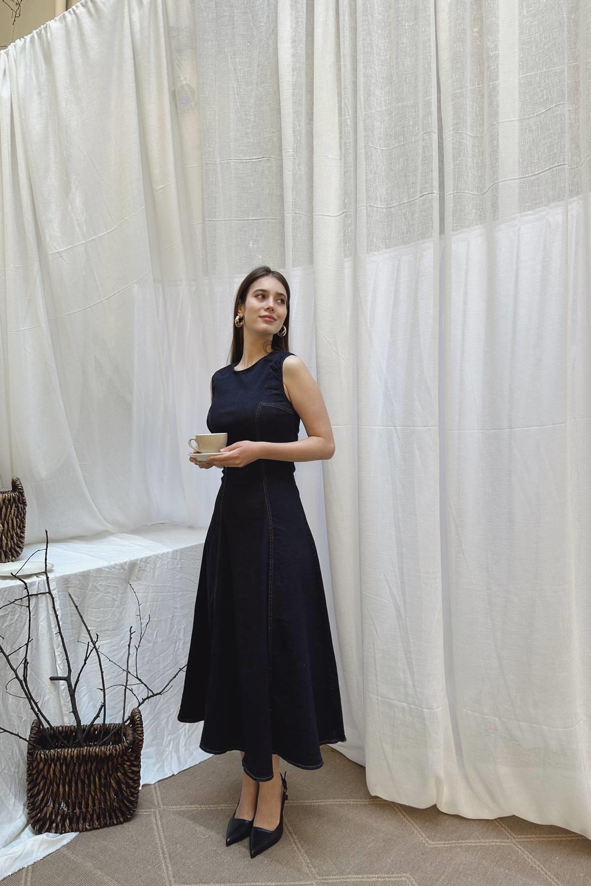 KOLSUZ ARKA FERMUARLI DENİM  ELBİSE