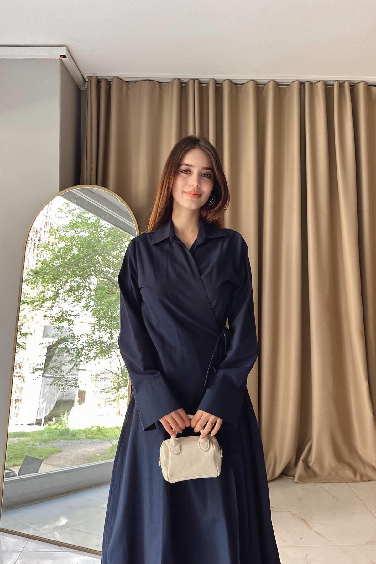 KRUVAZE YAN BAĞLA DETAYLI GÖMLEK ELBİSE