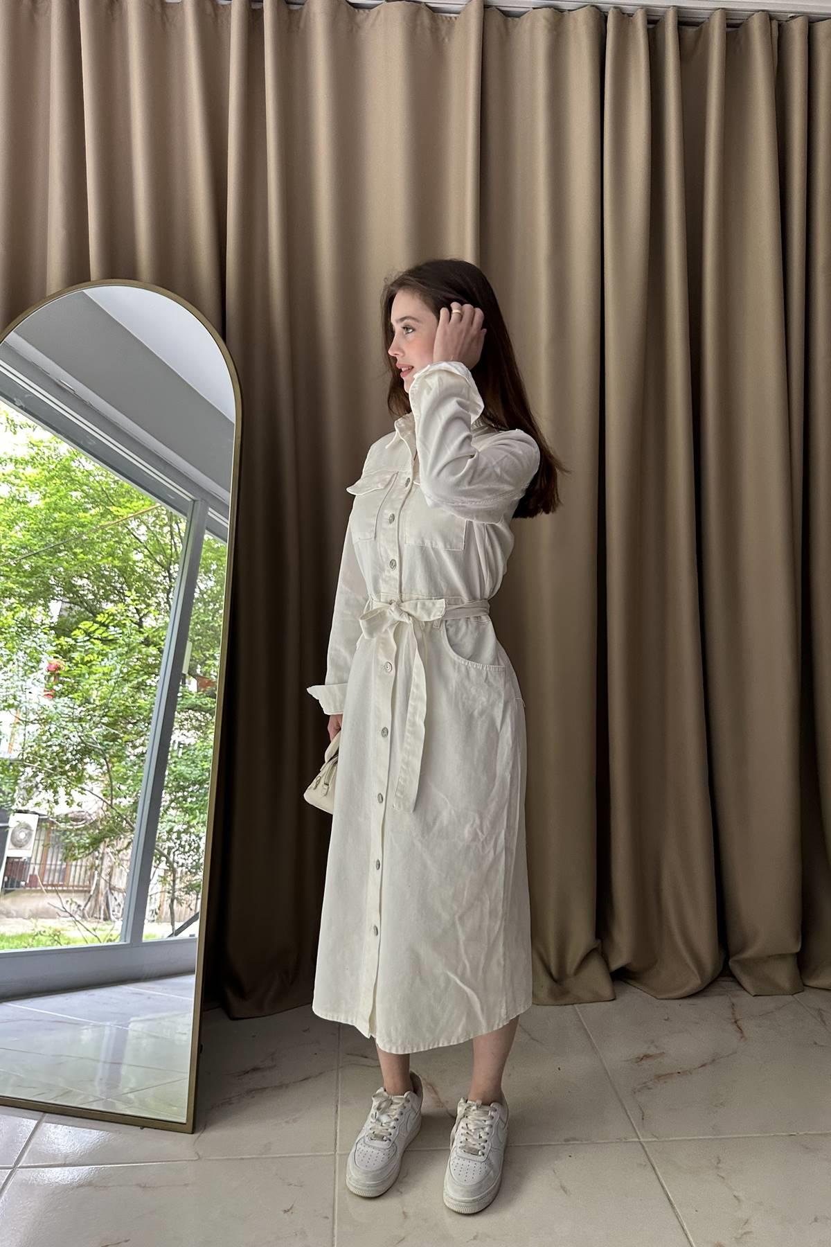 ÖNÜ DÜĞME DETAYLI GABARDİN ELBİSE
