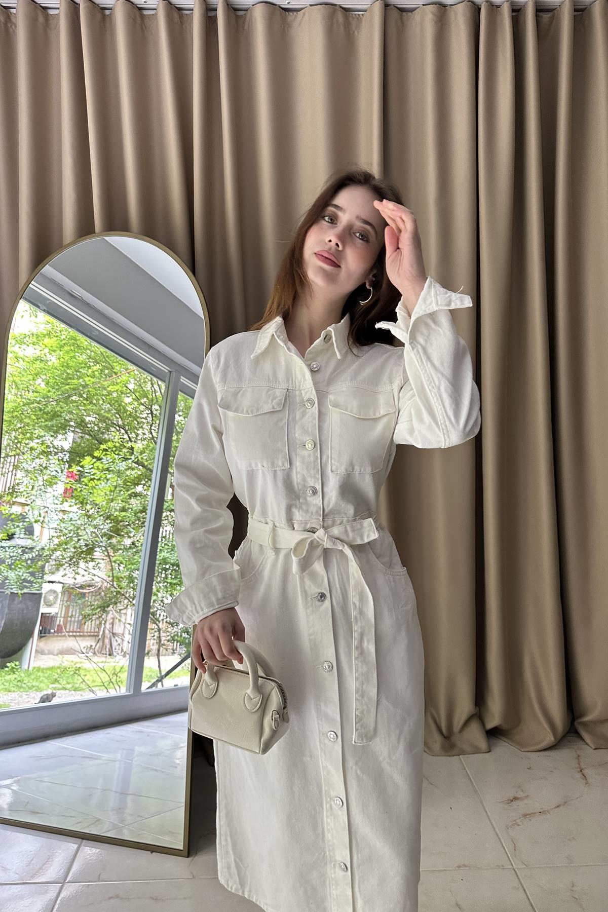 ÖNÜ DÜĞME DETAYLI GABARDİN ELBİSE