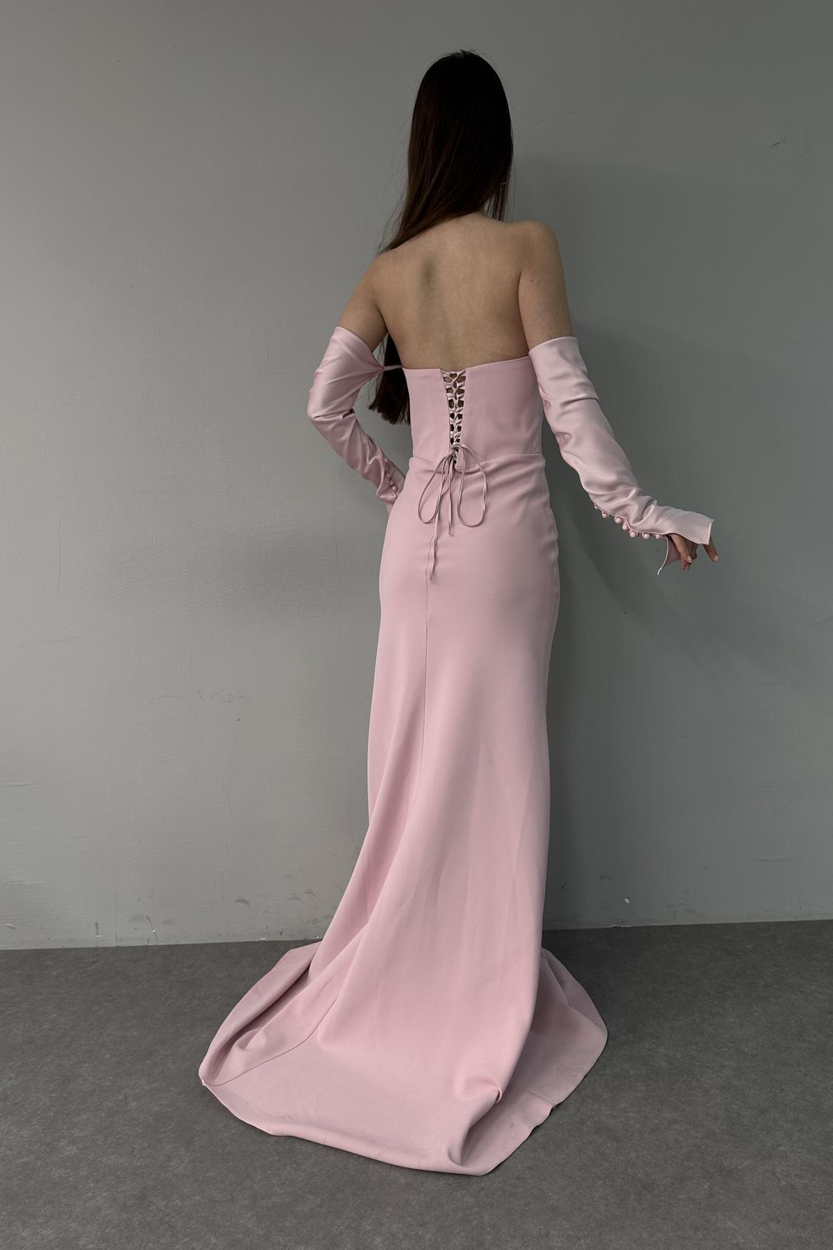 TAKMA KOL STRAPLEZ KREP ABİYE ELBİSE