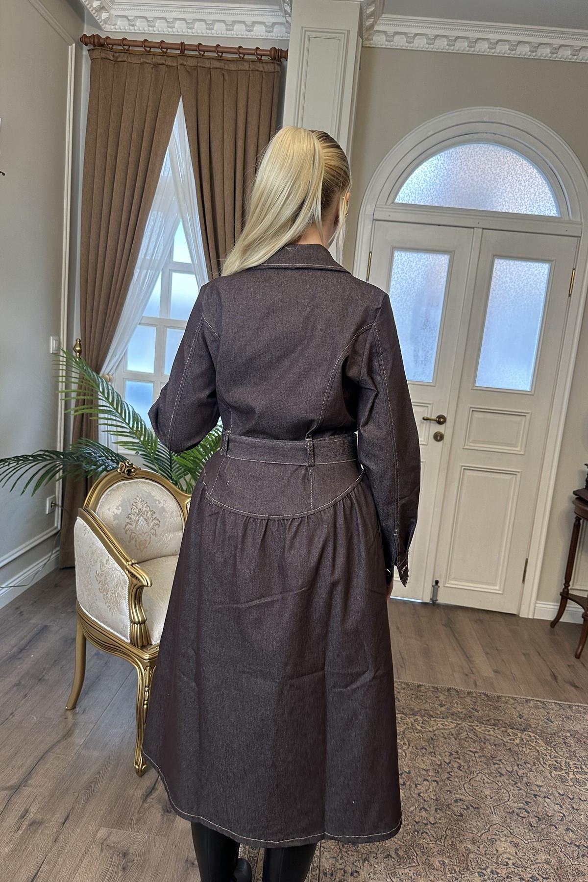 YAKALI ÖN DÜĞME DETAY KOT ELBİSE