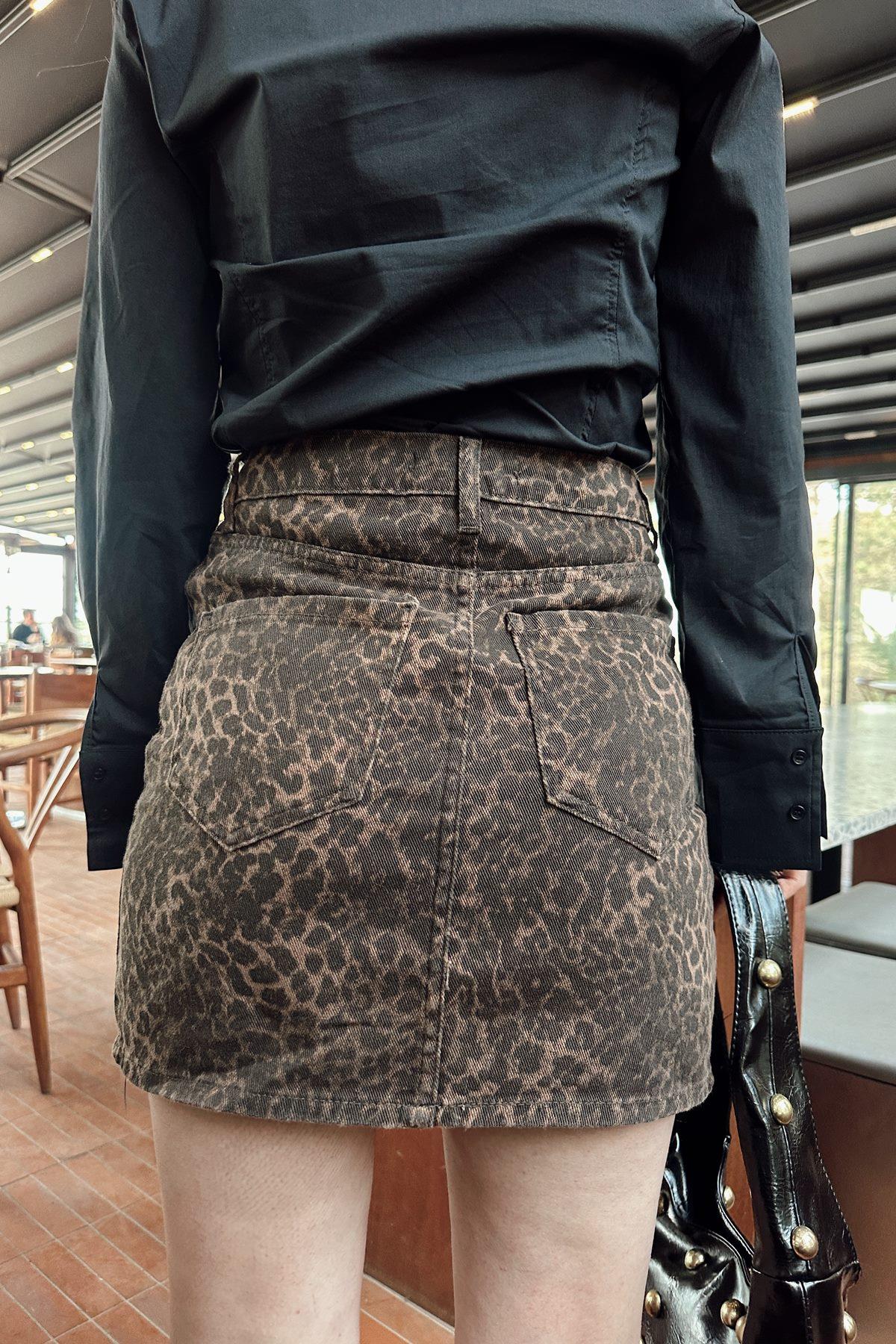 LEOPAR DESEN GABARDİN KISA ETEK