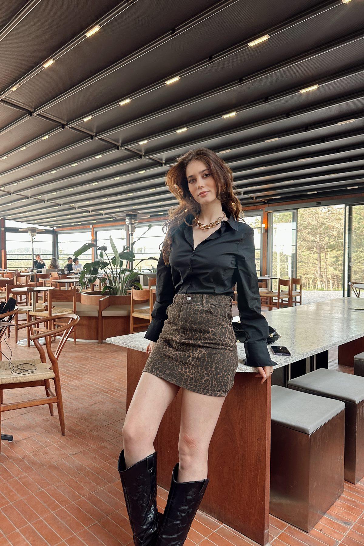 LEOPAR DESEN GABARDİN KISA ETEK