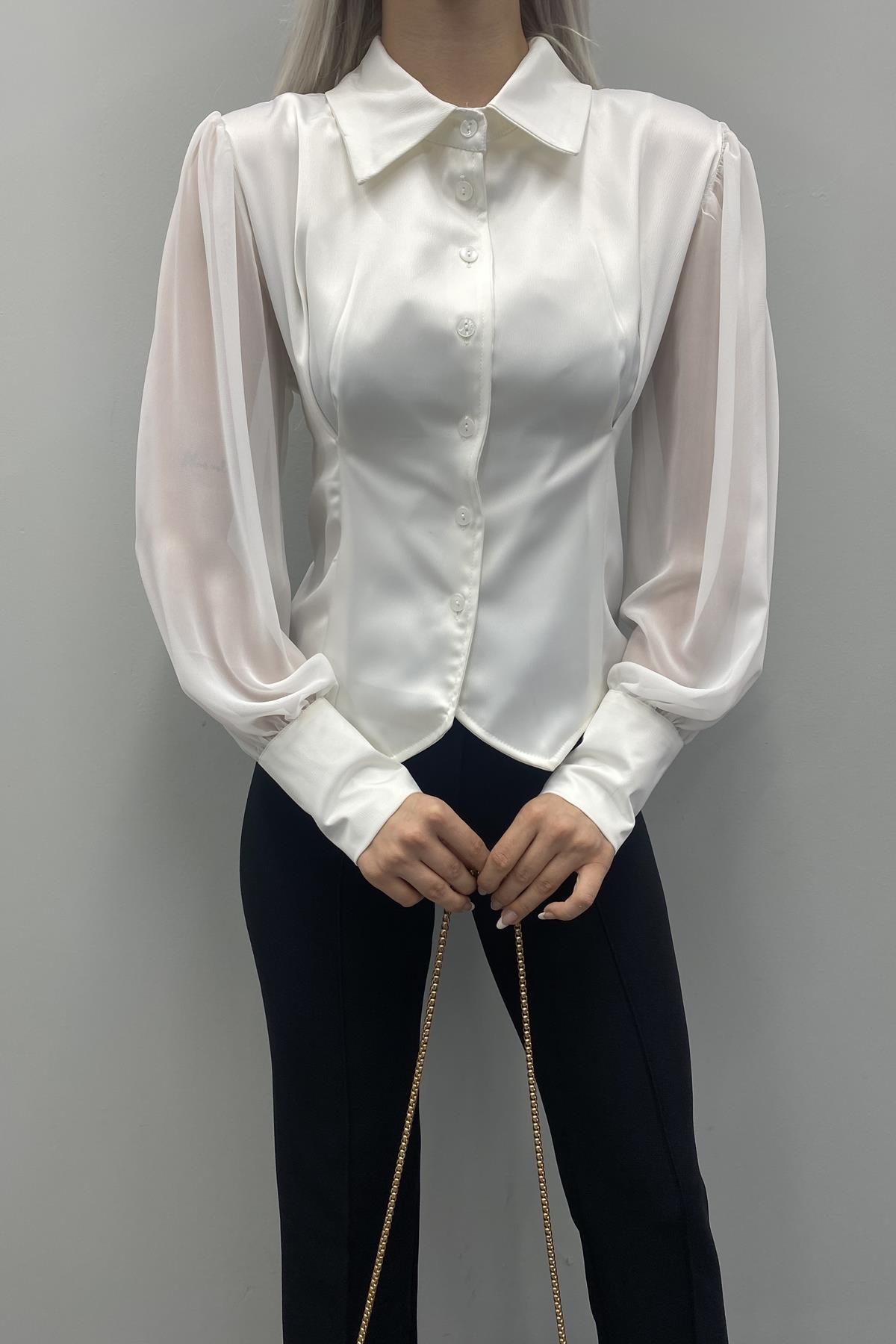 KOL ŞİFON DETAYLI SATEN BLUZ