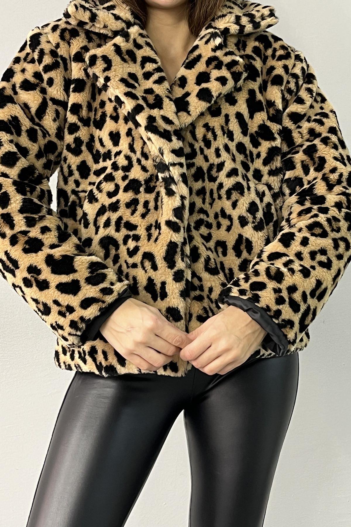 MONO YAKA LEOPAR PELÜŞ KISA KABAN