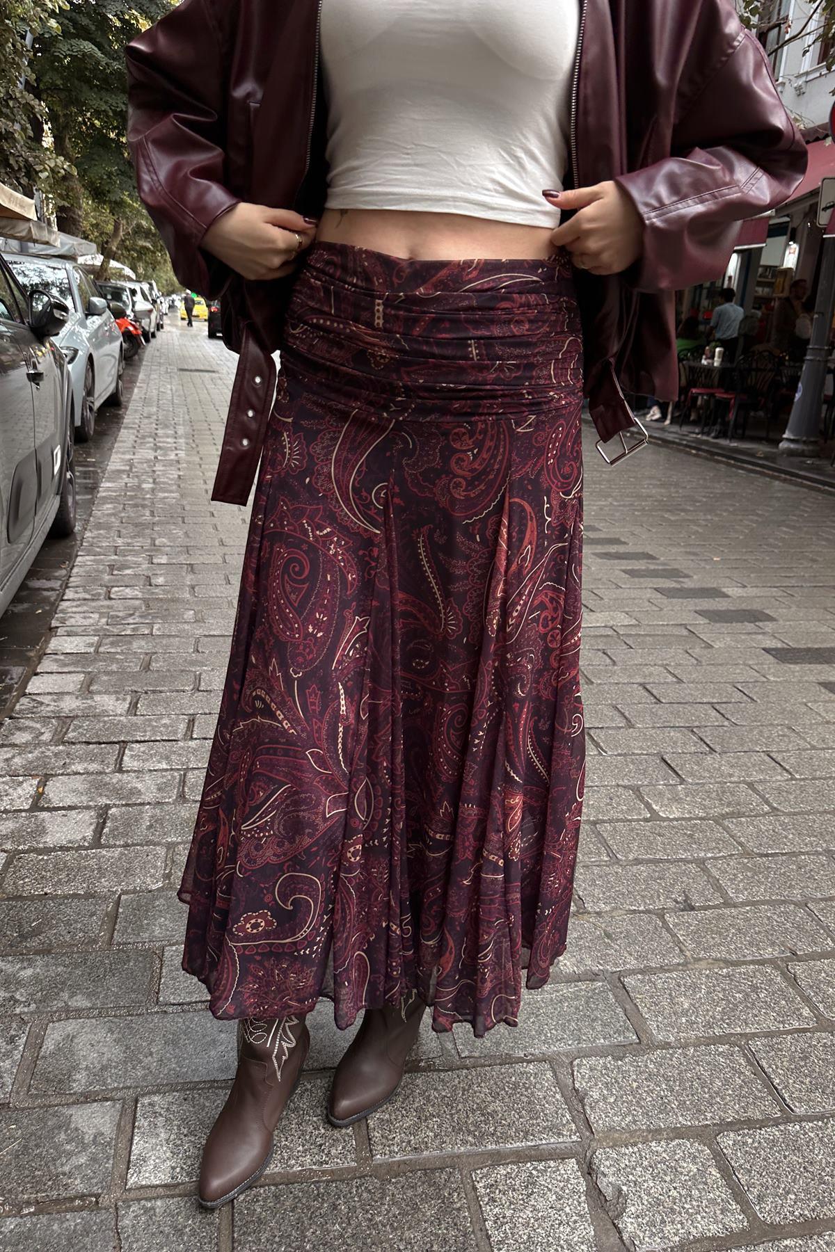 DESENLİ BEL DRAPELİ ŞİFON ETEK