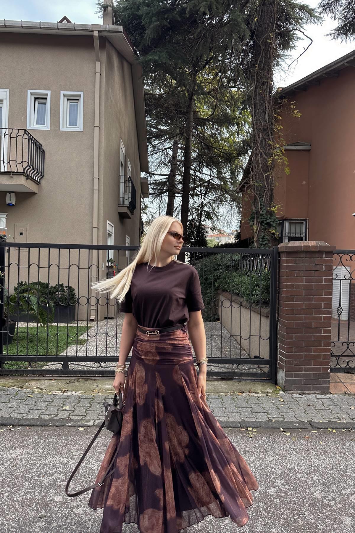 DESENLİ BEL DRAPELİ ŞİFON ETEK