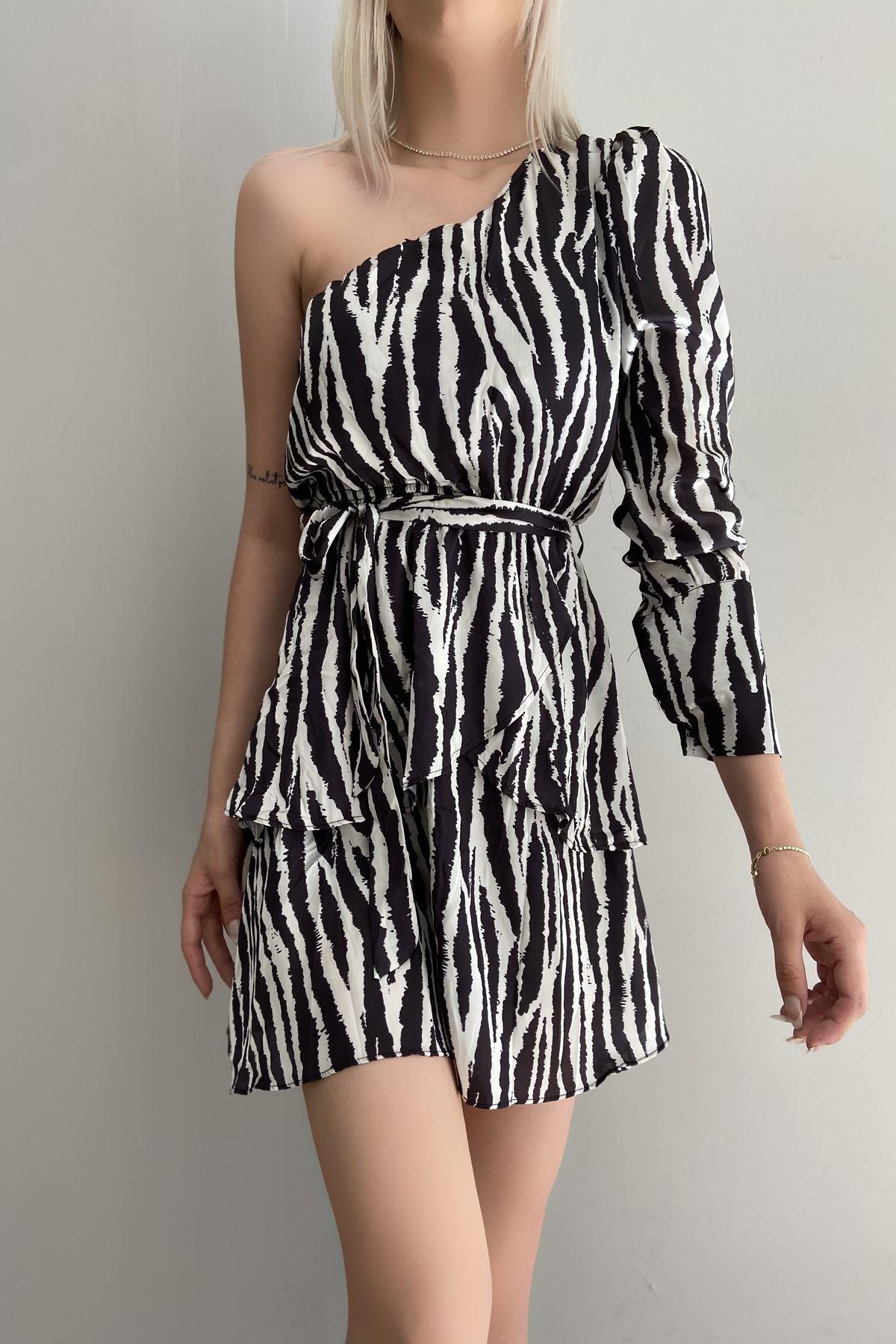 ZEBRA DESEN TEK OMUZ ELBİSE