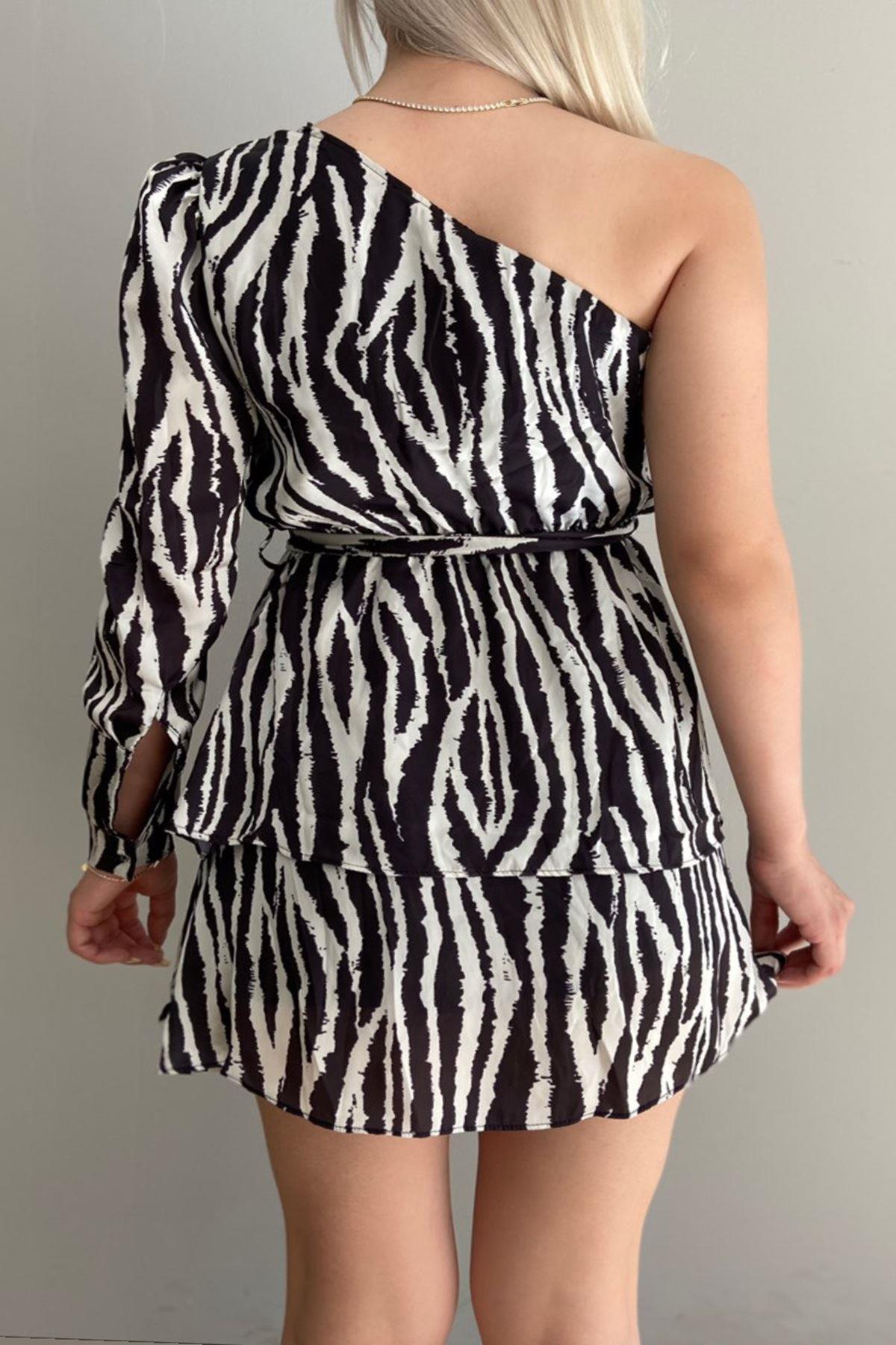 ZEBRA DESEN TEK OMUZ ELBİSE