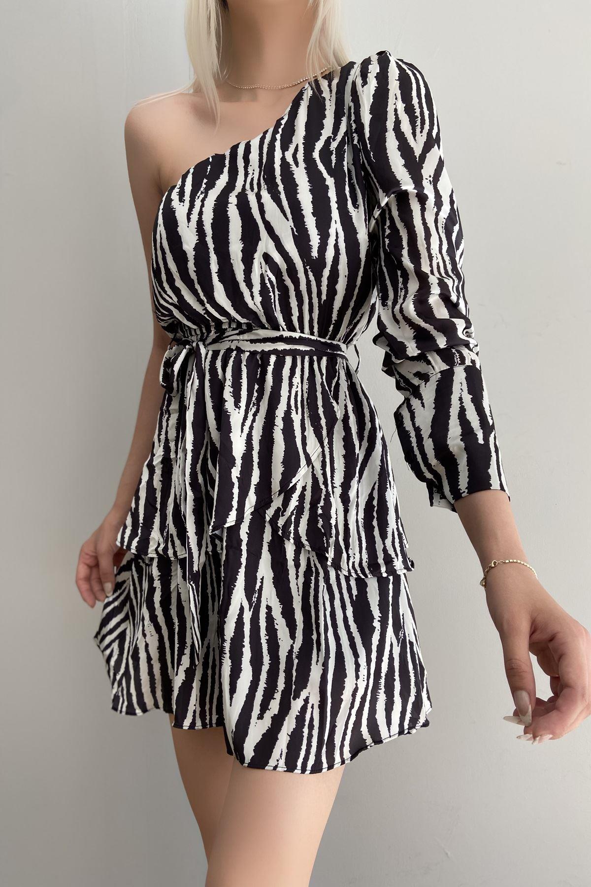ZEBRA DESEN TEK OMUZ ELBİSE