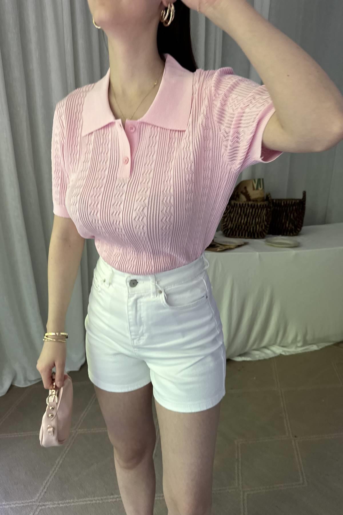 POLO YAKA DÜĞMELİ AJURLU TRIKO BLUZ