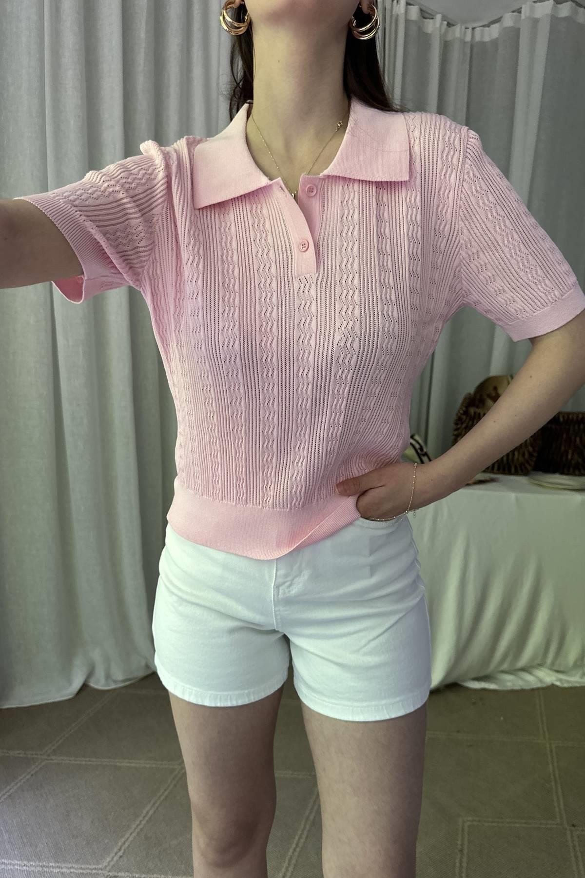 POLO YAKA DÜĞMELİ AJURLU TRIKO BLUZ
